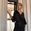 Satin bathrobe with floral appliqués - colour black