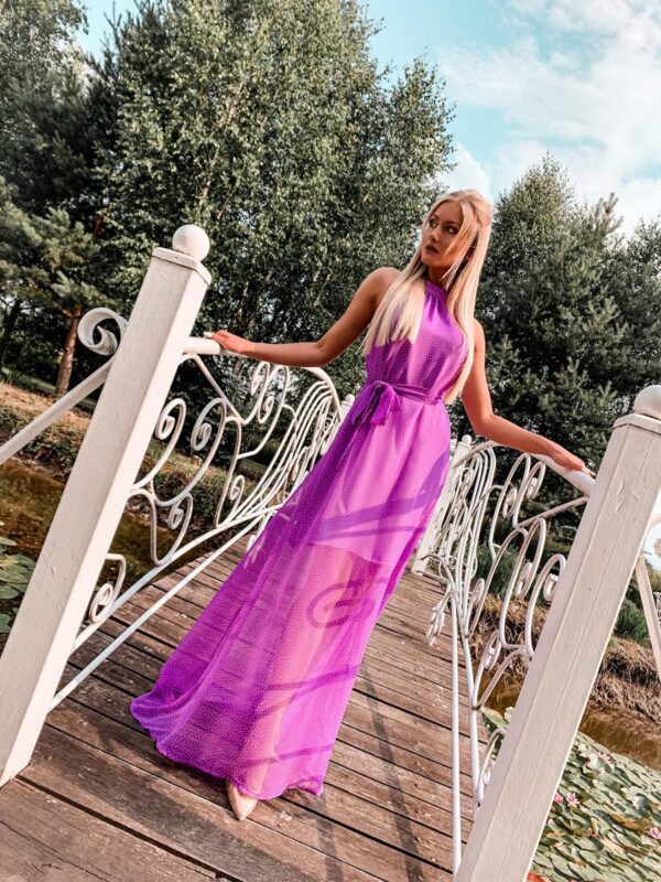 fioletowa sukienka letnia (Copy) Sukienka szyfonowa maxi w groszki - Violet