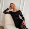 02FB78A7-0E52-4BB6-A824-22F6F62814A8 Lace maxi dress with rose and open shoulders - BLACK