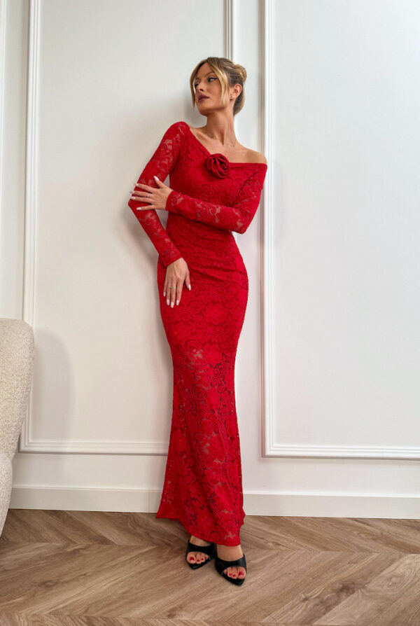 C845012D-461B-48BC-B0A1-B3741ED2CB72 Lace maxi dress with rose and open shoulders -RED