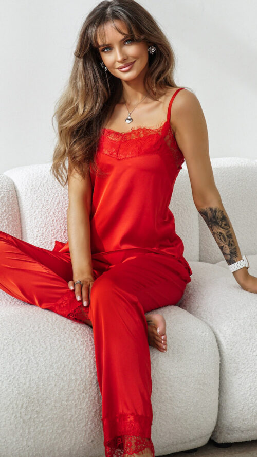 Satin Pyjama Set with Long Pants - Scarlet Lace - Red