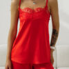 Satin Pyjama Set with Long Pants - Scarlet Lace - Red